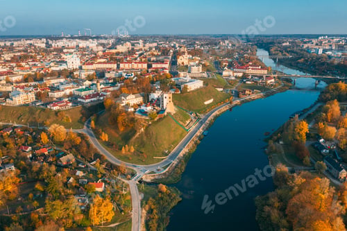 Preview: Grodno, Belarus. Aerial Bird's-eye View Of Hrodna Cityscape Skyline. Famous Popular Historic