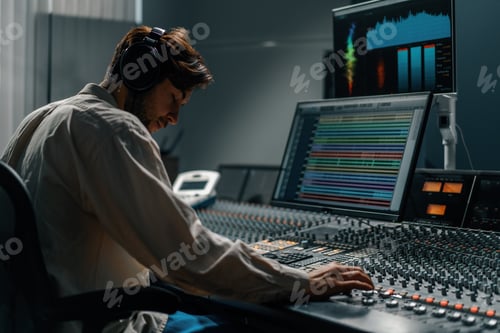 Preview: Sound engineer working in music studio with monitors and equalizer on screen mastering tracks