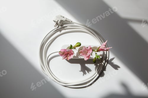 Preview: Bio energy, white power extension cord socket and pink flower