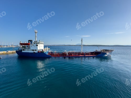 Preview: Industrial sea transportation, cargo ship moored at harbor Spetses island, Greece