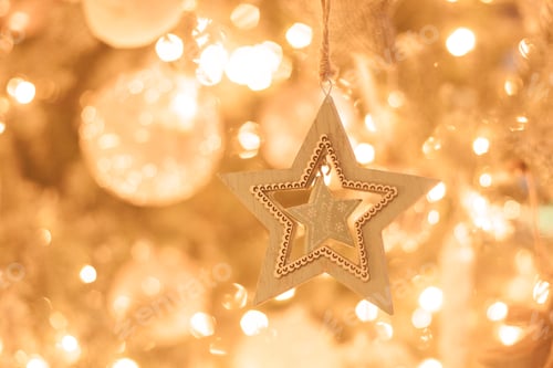 Preview: Christmas tree decoration close up, golden sparkling bokeh background, wooden toy