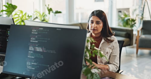 Preview: Woman, programmer or coding with computer screen for web design or software development at office.