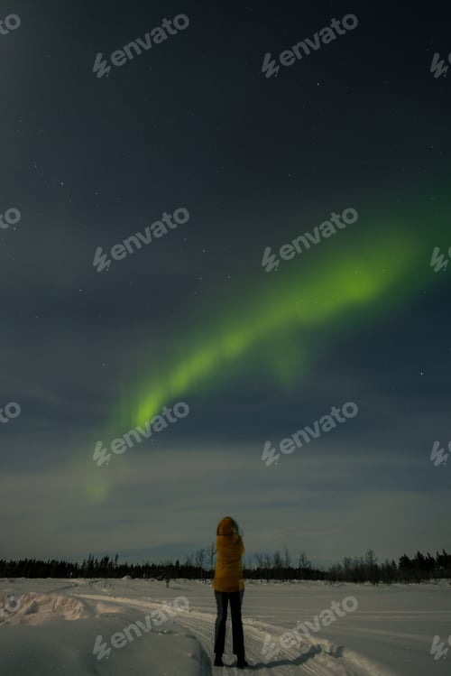 Preview: Unrecognizable woman under Lapland sky and northern lights