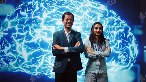 Preview: Portrait of smiling team of technicians implementing artificial intelligence
