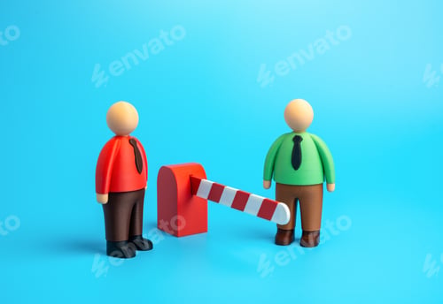 Preview: Two employees stand on opposite sides of a barrier. Keep your distance. Lack of trust