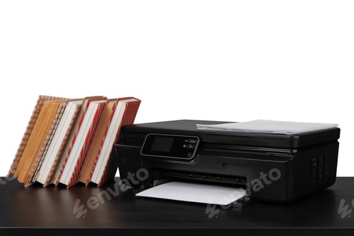 Preview: Working table with printer and stacked books on white abckground