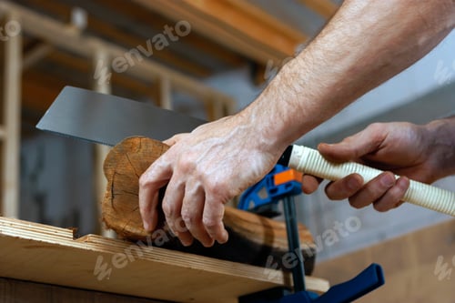 Preview: Close up of cutting wood with Japanese saw