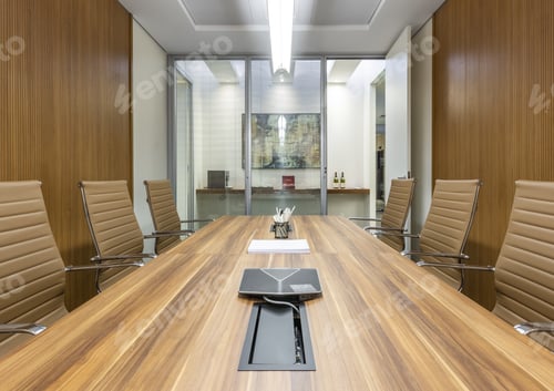 Preview: Shot of an office interior with a long table, comfortable chairs and projector, lighting, glass door
