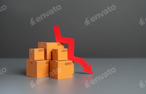 Preview: Boxes with goods and down arrow. Falling prices.