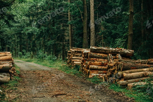 Preview: Spruce logs on road in forest, Poland