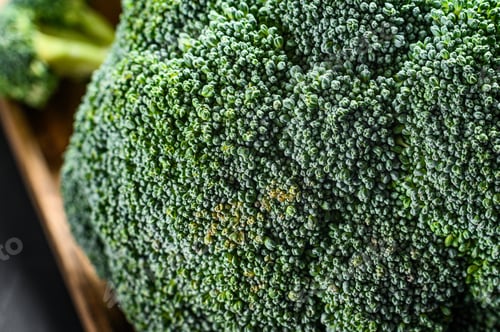 Preview: Fresh broccoli in a wooden bowl. Close-up shot. Black background. Top view. Space for text.