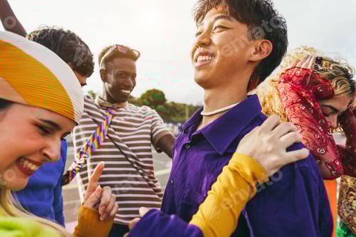 Preview: Happy young people dancing outdoor at festival event - Party, summer and entertainment concept
