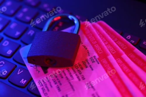 Preview: US Employment authorization card with small padlock on computer keyboard