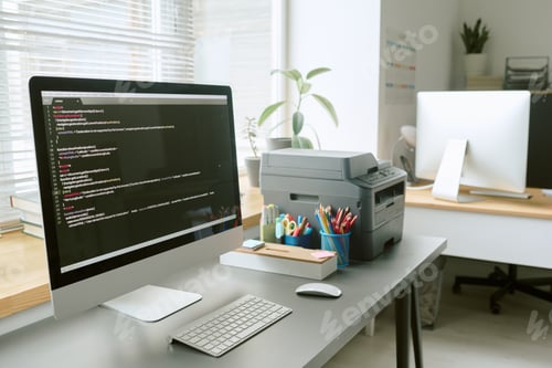 Preview: Modern Office Workspace Featuring Desktop Computer Displaying Programming Code