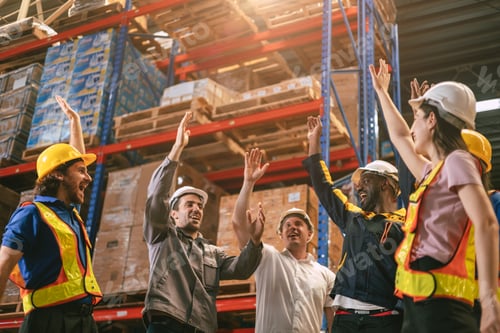 Preview: Group of worker in warehouse team cheerful together in inventory cargo building for teamwork people