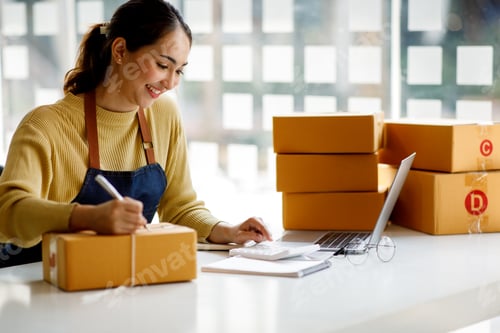 Preview: Asian SME business women use laptop computer checking customer order online shipping boxes at home.
