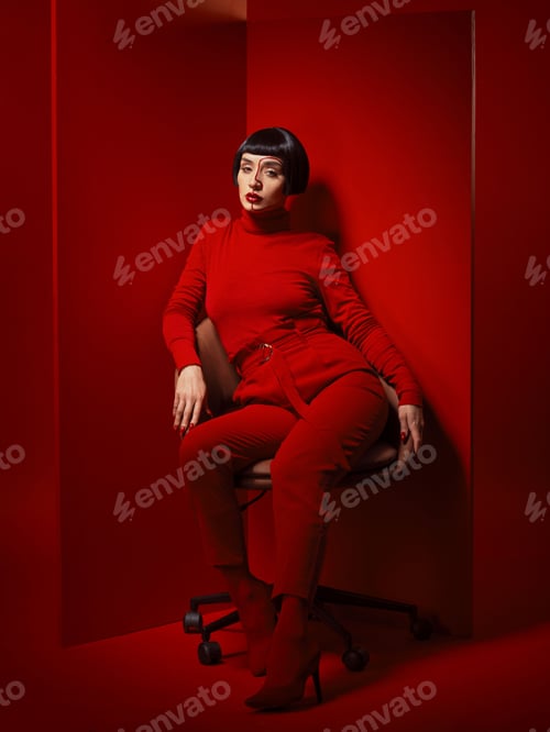 Preview: Beauty, fashion and woman on a chair with red background in studio for elegant, chic or trendy styl