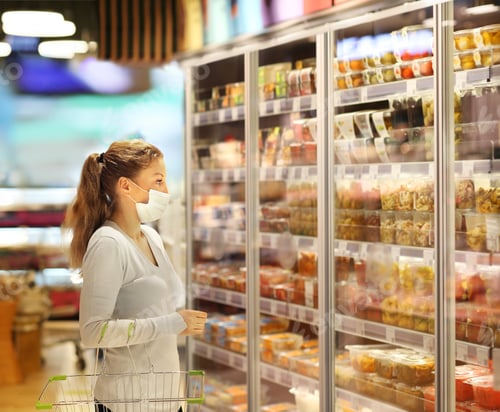 Preview: Woman Choosing Frozen Food From A Supermarket Freeze.Supermarket Shopping, Face Mask And Gloves,