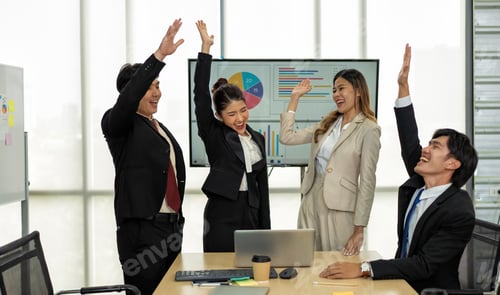 Preview: Employee meeting big screen tv presentation discussion and hand gathering working together