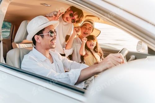 Preview: Portrait of asian family enjoying beach trip with their favorite car.