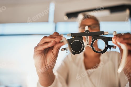 Preview: Vision, hands and test frame for optometry in hospital or clinic for ophthalmology. Doctor, healthc