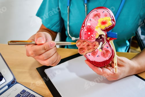 Preview: Closeup of a Doctor analyzing of patient kidney health using a kidney anatomical model
