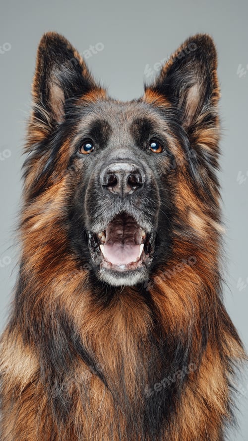 Preview: Belgian sheepdog with brown fur against white background