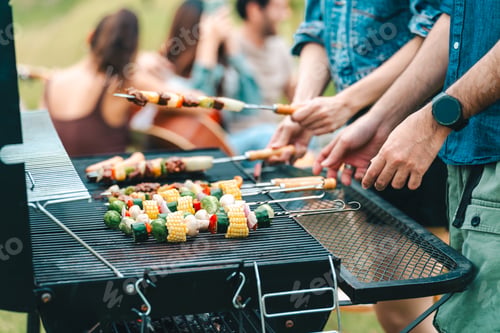 Preview: Group diverse friend having outdoors bbq party together, camping activity lifestyle in summer