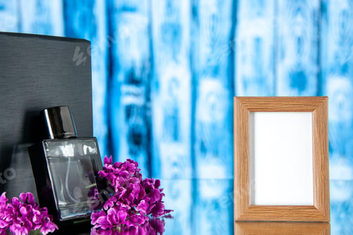 Preview: front view black expensive fragnance with picture frame on the light background love color flower