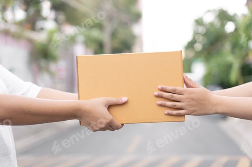 Preview: Postal delivery courier delivering package to customer outdoor.