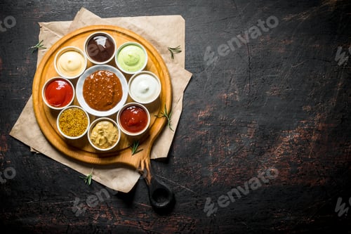 Preview: Big set of sauces on a cutting Board with paper.