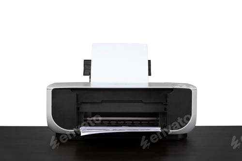 Preview: Laser home printer on table against white backgorund