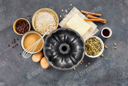 Preview: Cake pan with ingredients for baking