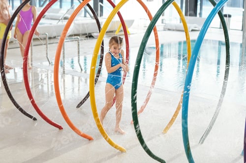Preview: Cute little girl in swimwear having fun while moving through hula hoop alley