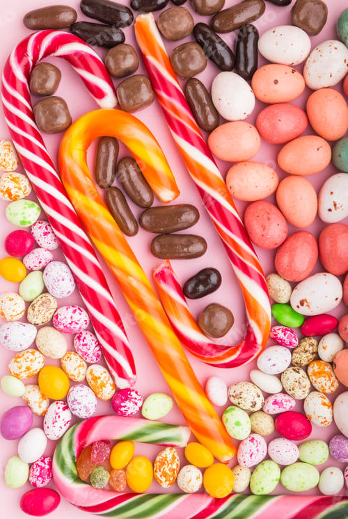 Preview: Colorful multicolored candies on a pink pastel background. top view.