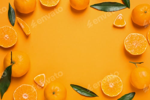 Preview: Frame made of fresh ripe tangerines and space for text on orange background, flat lay. Citrus fruit