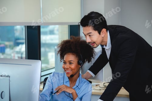 Preview: Customer service call center, telemarketing manager team or mentor reading online feedback