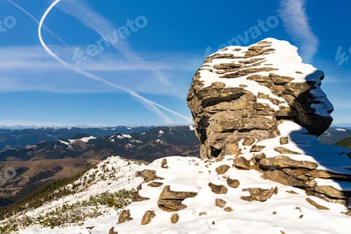 Preview: Landscapes of the Carpathian Mountains, covered with large stone ledges in Ukraine, near the village