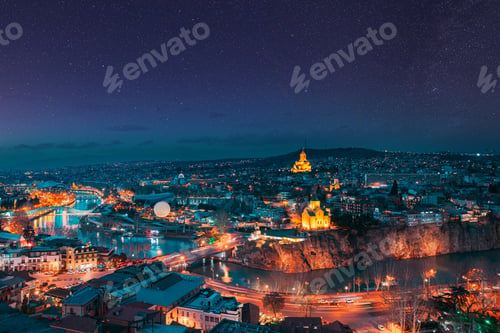 Preview: Tbilisi, Georgia. night dusk evening Top View Of Famous Landmarks In spring Evening dusk night