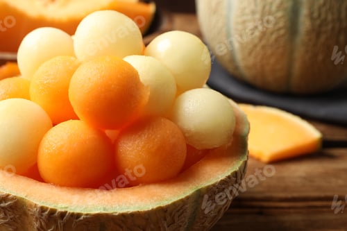 Preview: Different melon balls on wooden table, closeup
