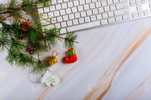 Preview: Christmas composition with computer keyboard with ornaments on the Christmas tree