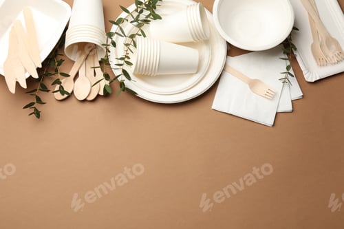 Preview: Set of disposable tableware and eucalyptus branches on brown background, flat lay. Space for text
