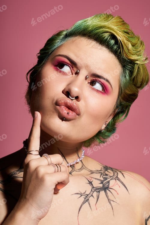 Preview: Vibrant young woman showcasing bold fashion and creative makeup against a colorful backdrop
