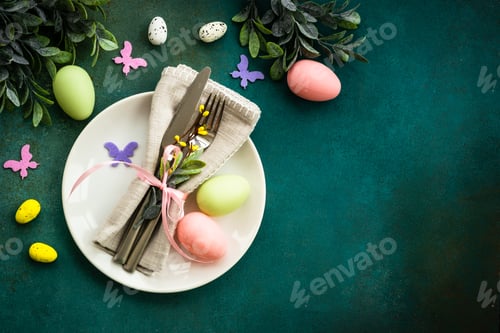 Preview: Easter table setting, Easter food background.