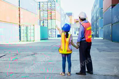 Preview: Man adult takes child girl by hand stand and look at containers.