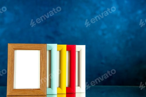 Preview: front view different picture frames with colored corners on blue background family memory glass