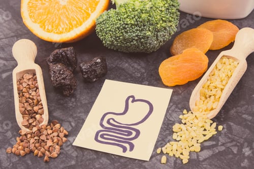Preview: Beneficial eating for digestive system. Healthy ingredients as source vitamins