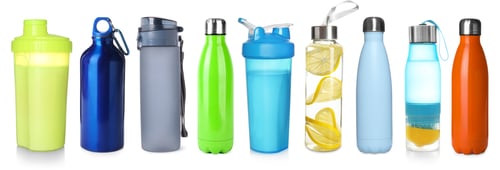 Preview: Different water bottles and shakers isolated on white, set