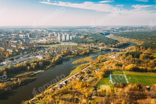 Preview: Grodno, Belarus. Aerial Bird's-eye View Of Hrodna Cityscape Skyline. Residential District In