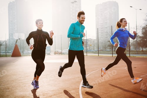 Preview: Friends fitness training together outdoors living active healthy